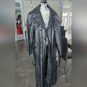 Black Glossy Leather Trench Coat with Wide Collar